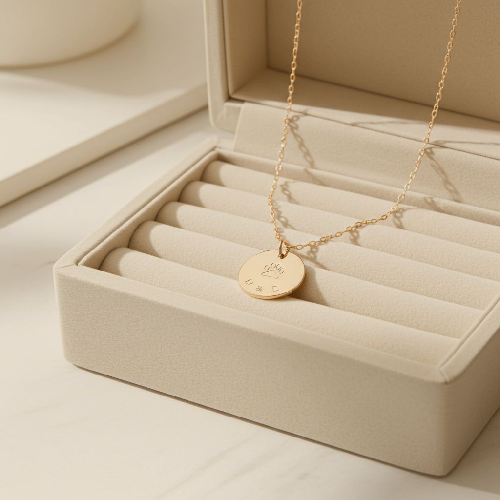 Gold necklace with a pendant in an open jewelry box on a beige surface