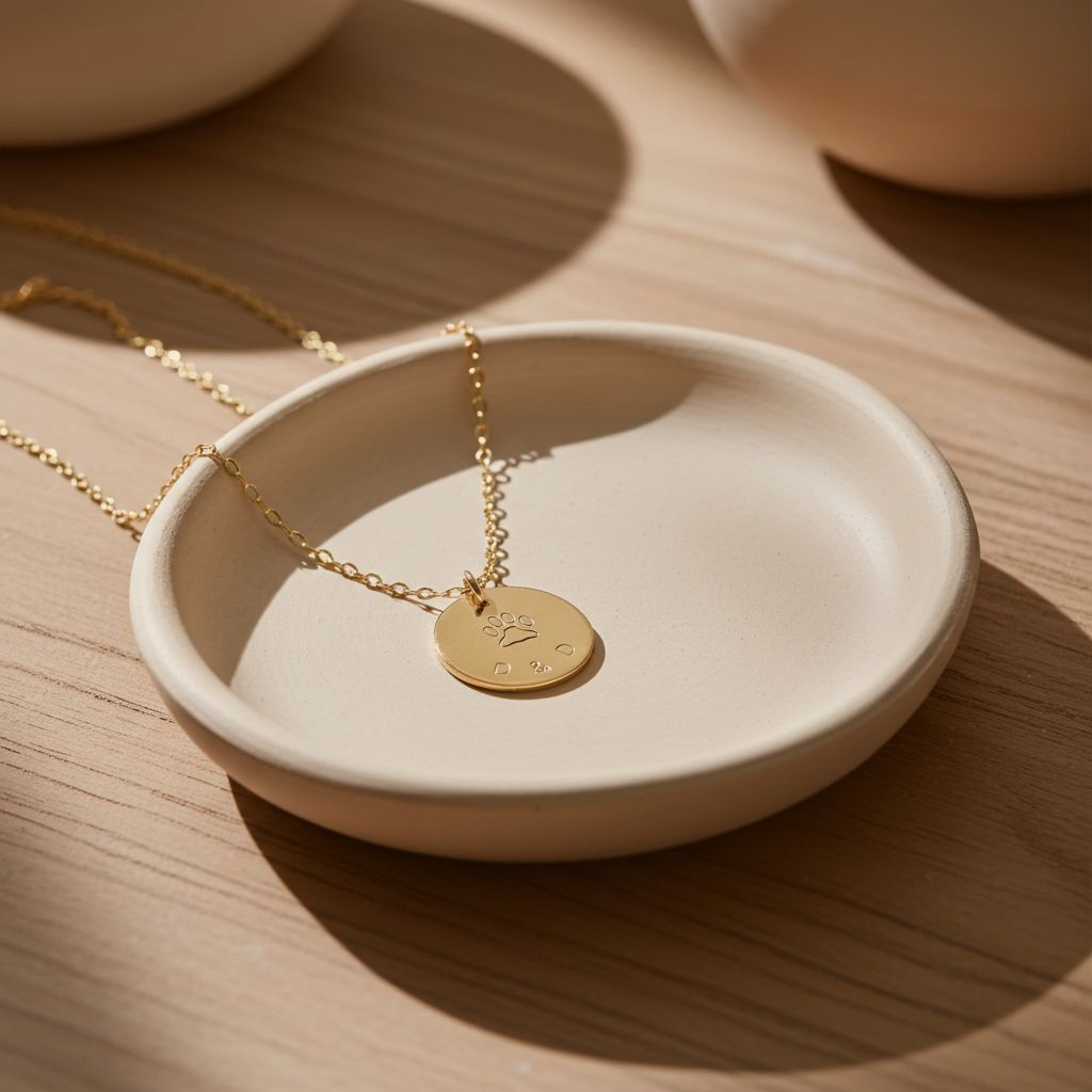 Gold necklace with a pendant on a white dish on a wooden surface
