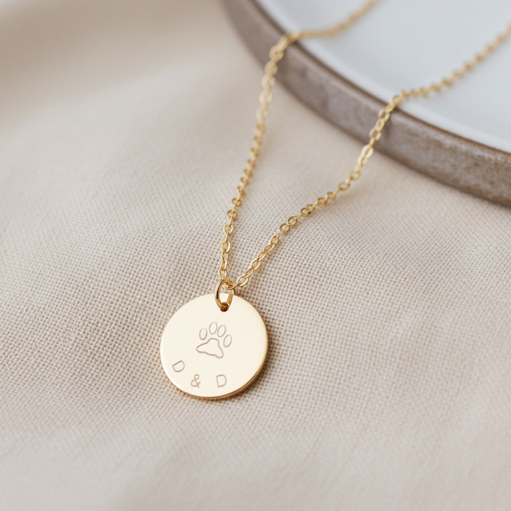 Gold necklace with a round pendant on a beige fabric background personalised with name and paw print