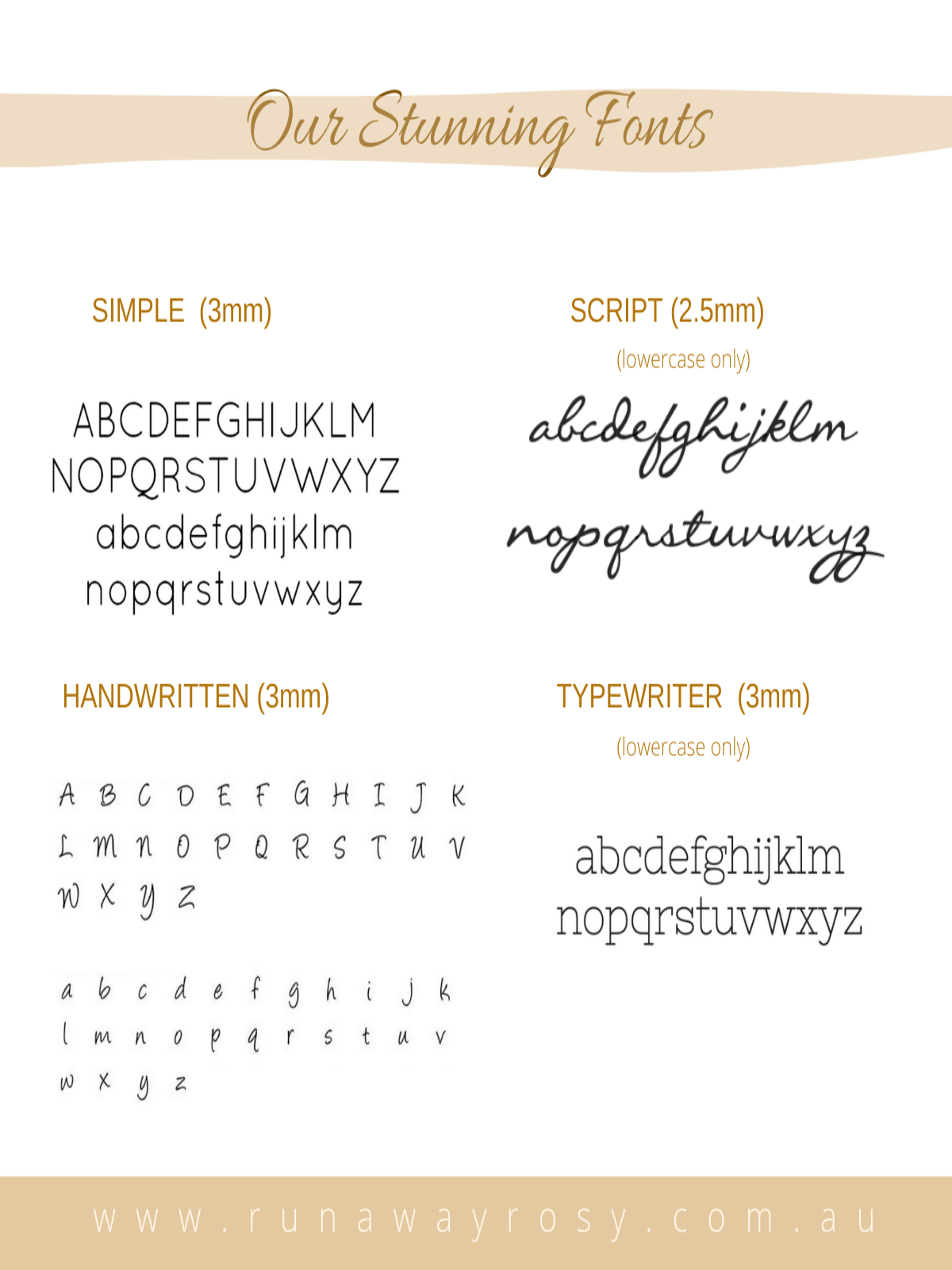 A chart of Runaway Rosy Personalised Fonts for Engraving